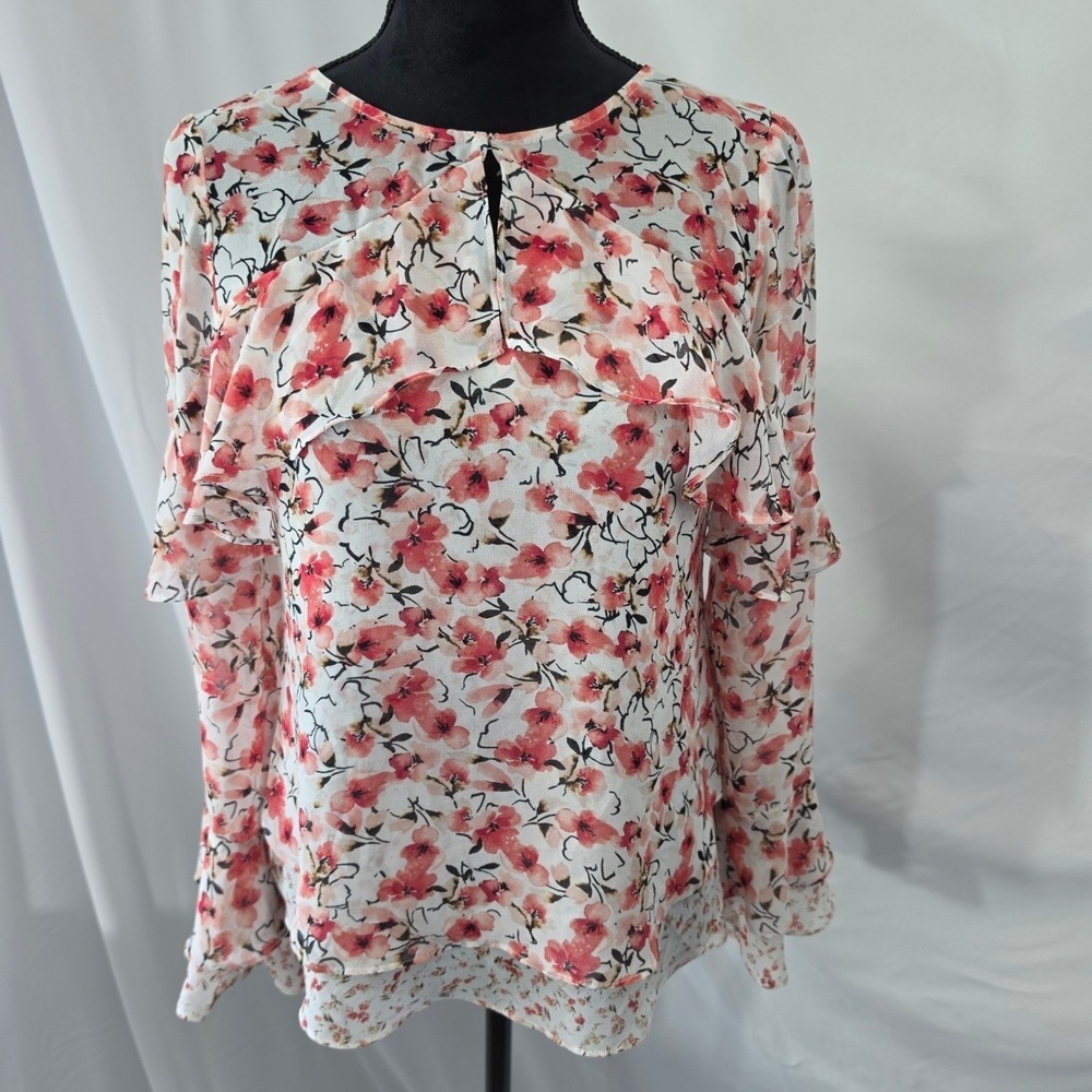WHBM Pink Floral Ruffle V-Neck Blouse Boho Romantic Cottagecore Size 0